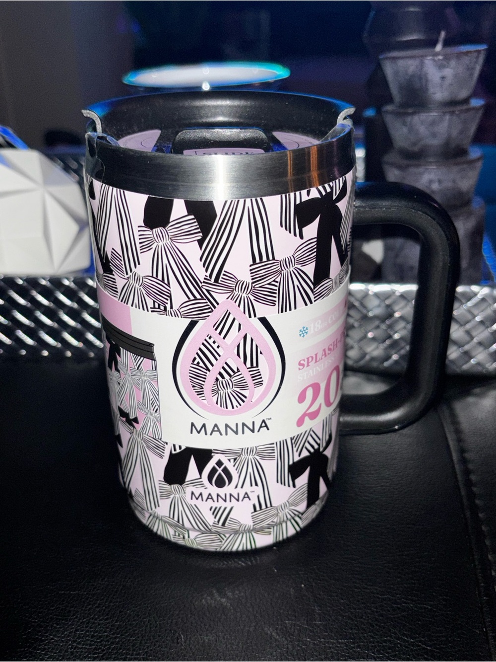 NWT Manna 20 oz BOULDER Pink & Black BOWS  Stainless Steel Insulated Mug